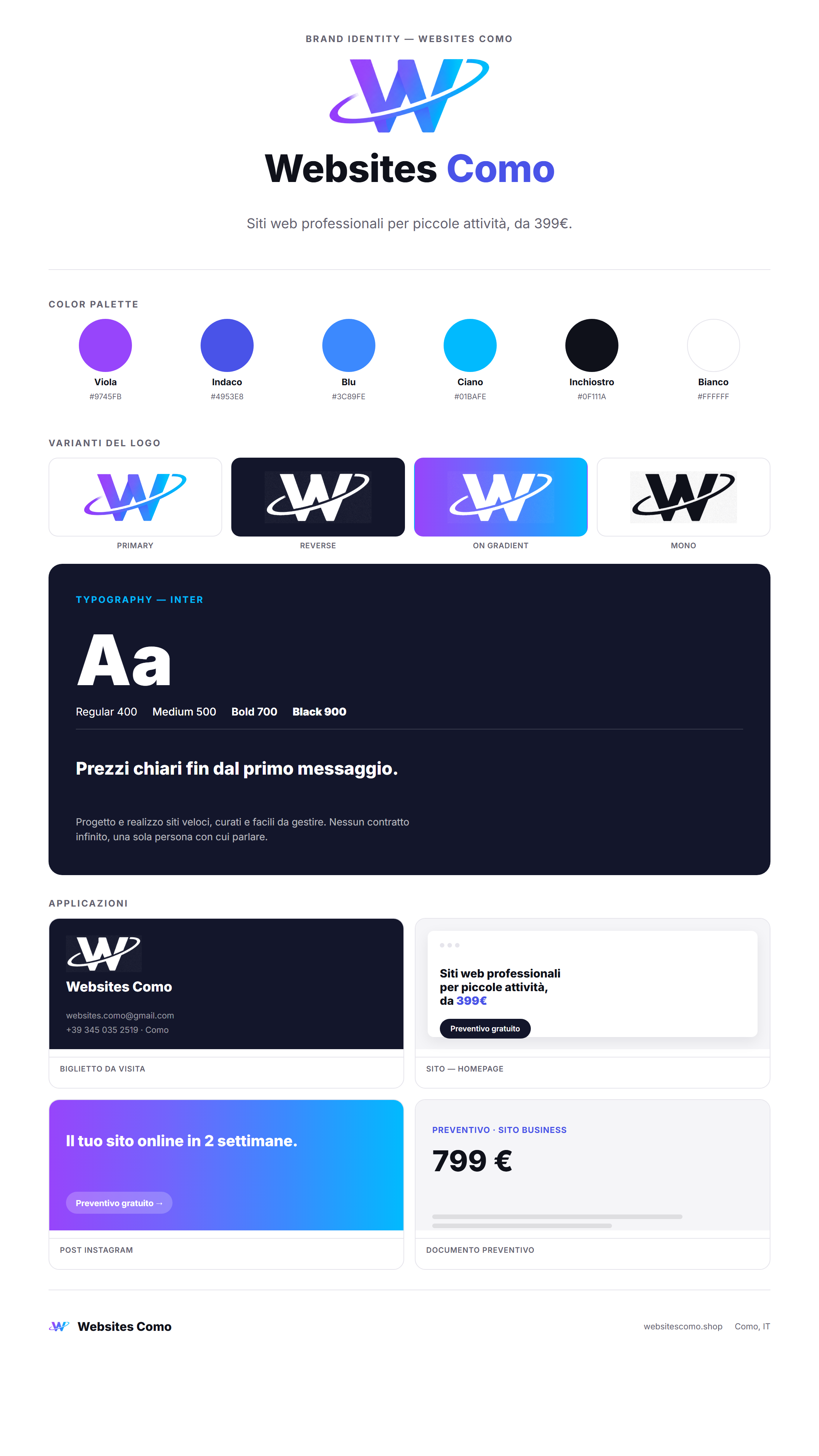 Brand identity di Websites Como: logo, palette, tipografia e applicazioni