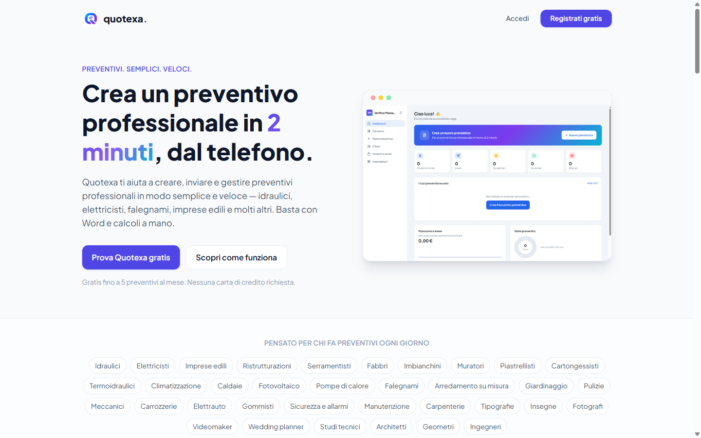 Anteprima del sito Quotexa, software per creare preventivi